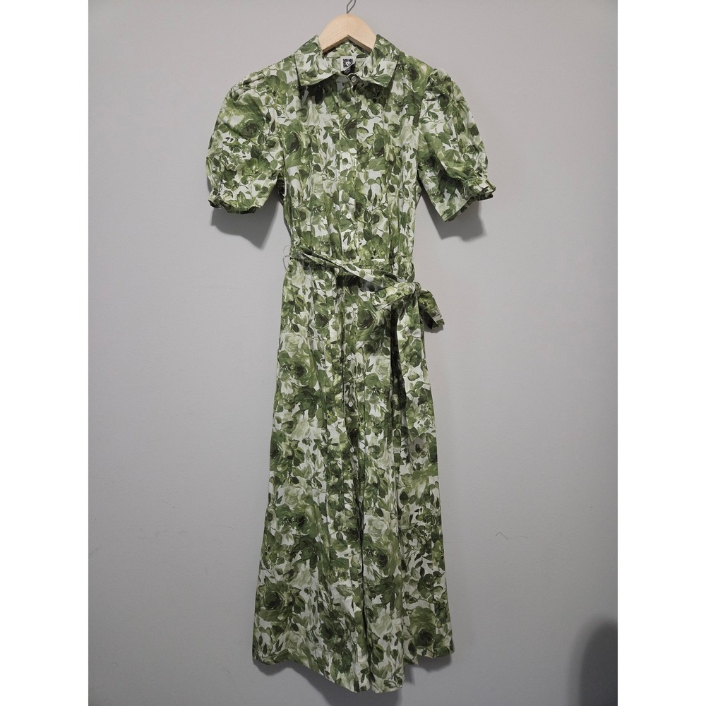 Anne Klein Meadow Green Floral Midi Shirt Dress Puff Sleeve Belted NWT Size 4